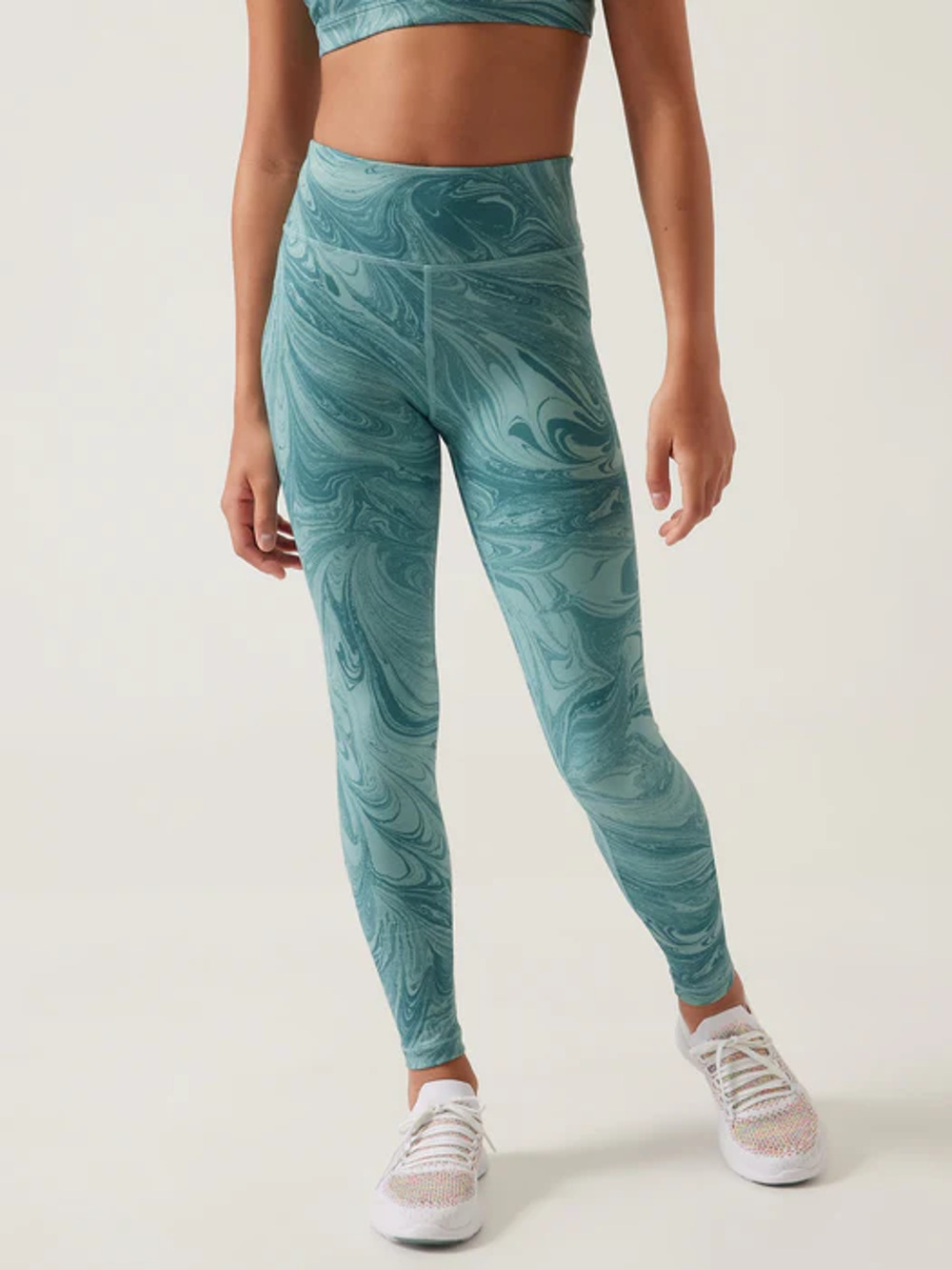 Athleta Girl High Rise Printed Chit Chat Tight Legging L 12 Teal Drawstring Logo